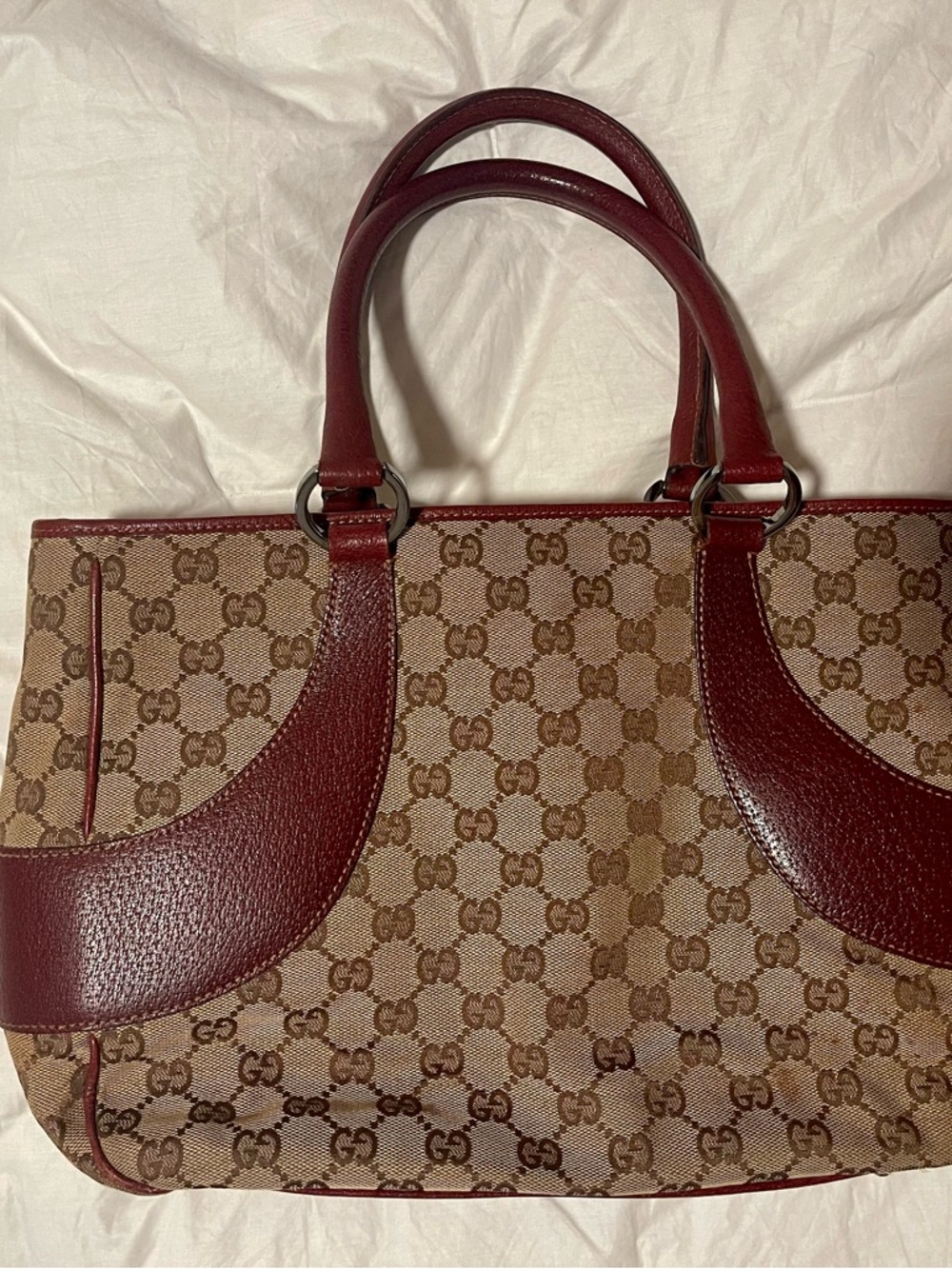 Gucci Brown GG Canvas Tote with Burgundy Leather Handles
